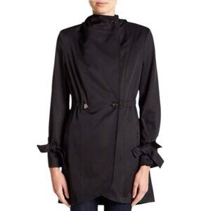 French Connection Hooded Tulip Hem Trench Coat Women’s S Black Satin Jacket